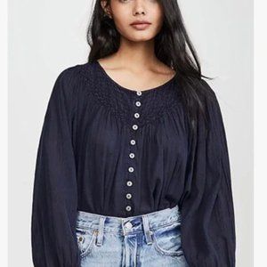 We the Free navy blue smocked neckline peasant  cotton blouse bohemian style S
